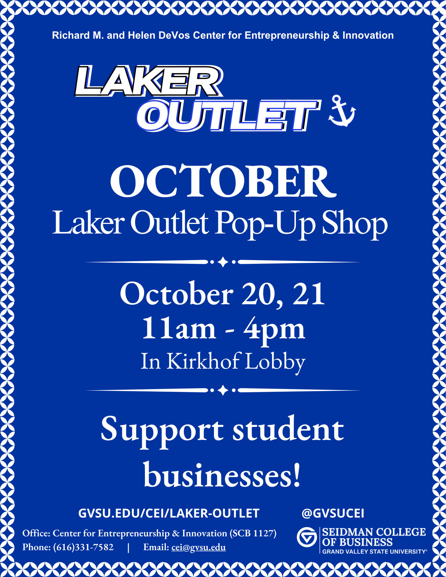 October Laker Outlet flyer advertising the pop-up shop happening on October 20 and 21 from 11am - 4pm in the Kirkhof Center Lobby